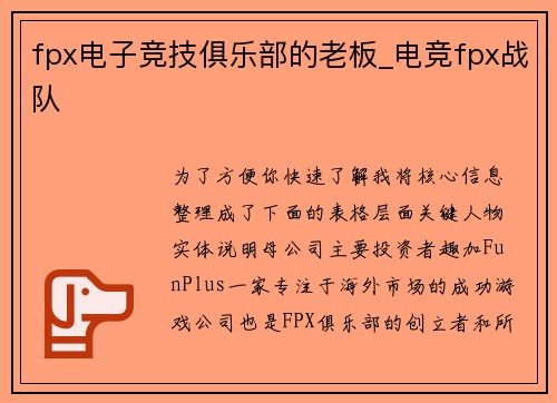 fpx电子竞技俱乐部的老板_电竞fpx战队