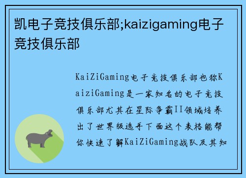 凯电子竞技俱乐部;kaizigaming电子竞技俱乐部